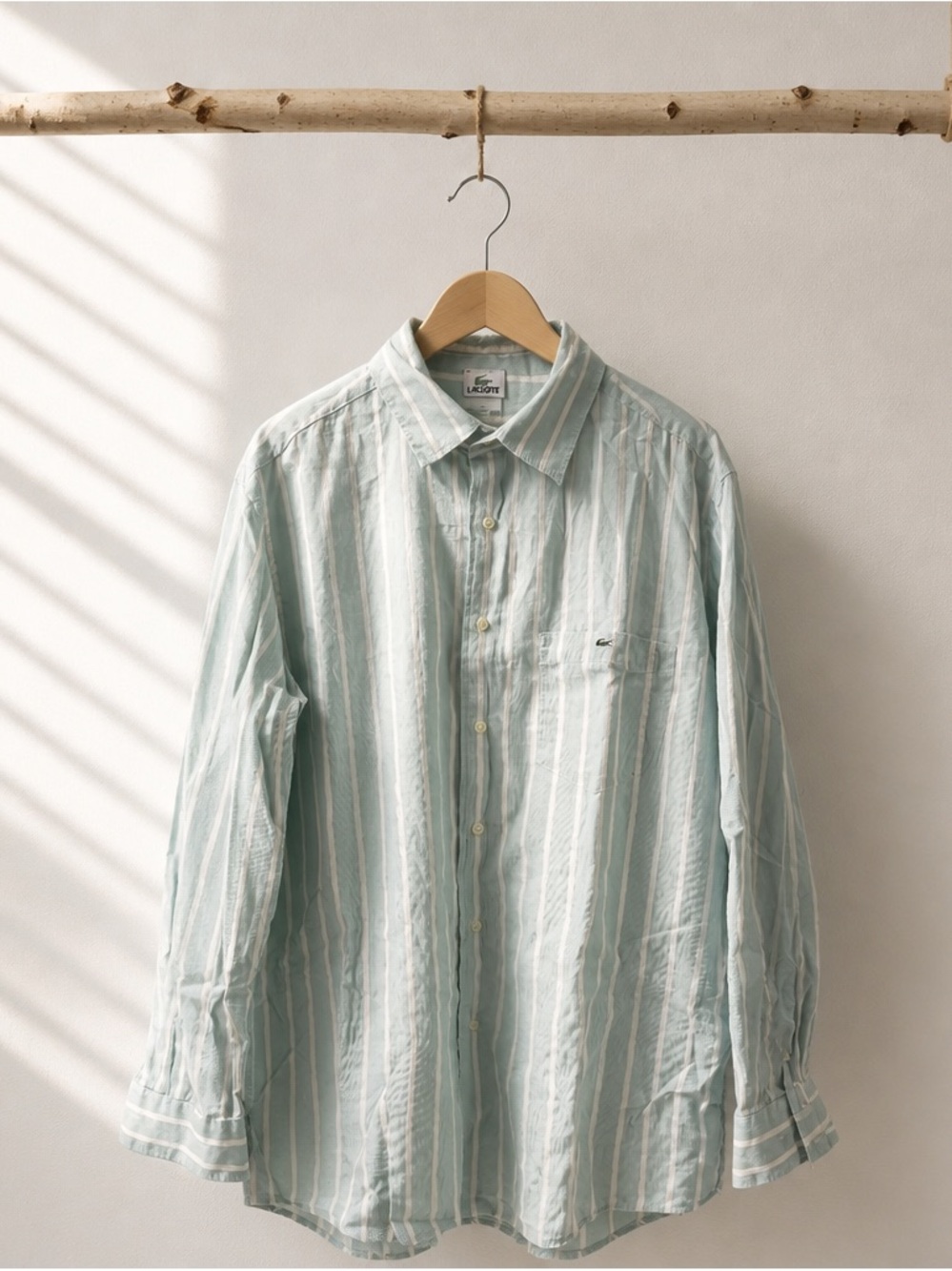 Lacoste Mint Green and White Striped Casual Button-Down Shirt